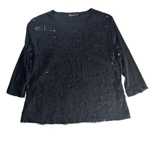 Modelia Blouse Women XXL Black Sequin‎ Lace V-Neck Evening Party Glam Whimsigoth